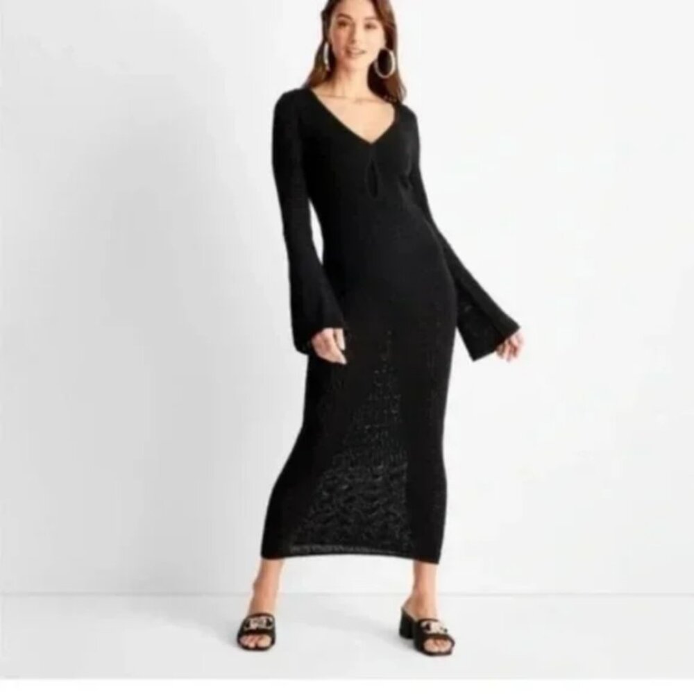 Women's Long Sleeve Open-Work Stitch Midi Dress - Future Collective Black M